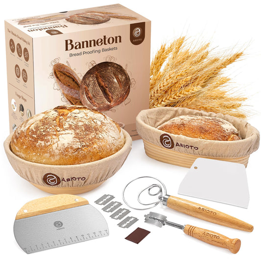 Banneton Bread Proofing Basket Set – Sourdough Bread Making Kit with Handcrafted 9″ Round & 10″ Oval Rattan Baskets and Professional Sourdough Tools
