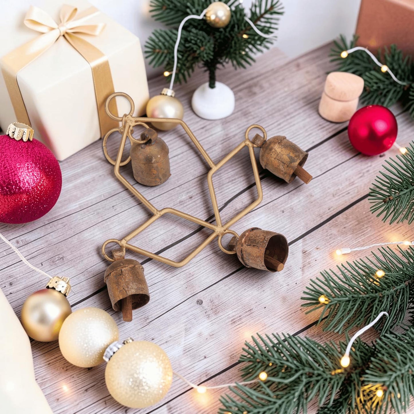 Handmade Wind Chime Bell – Rustic Hanging 4 Bell for Porch, Garden, Balcony, Christmas Decor – Farmhouse Jingle Bells, Witch Bells, Lucky Cow Bells, Boho Ornament Indoor Outdoor - 8 x 4 Inch