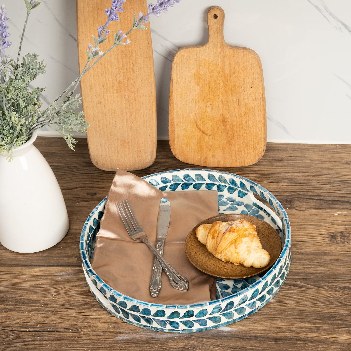 CLAYNIX Serving Tray 12.5 Inch, Lacquer Mother of Pearl Inlay Mosaic Tray, Round Wooden Marble Tray with Handles Trays for Tea, Breakfast (Leaf Style)