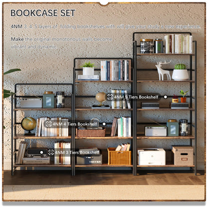 4NM No Assembly 5 Tiers Folding Bookshelf Storage Shelves Vintage Bookcase Standing Racks Study Organizer Home Office (Rustic Brown Black)