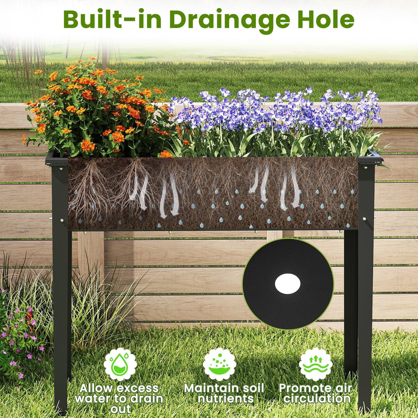 HAPPYGRILL Raised Garden Bed, Metal Elevated Planter Box w/Legs, Drainage Holes for Growing Vegetables Fruits Flowers, Indoor Outdoor Standing Plant Container for Backyard Patio (Black, 40”x16”x32”)