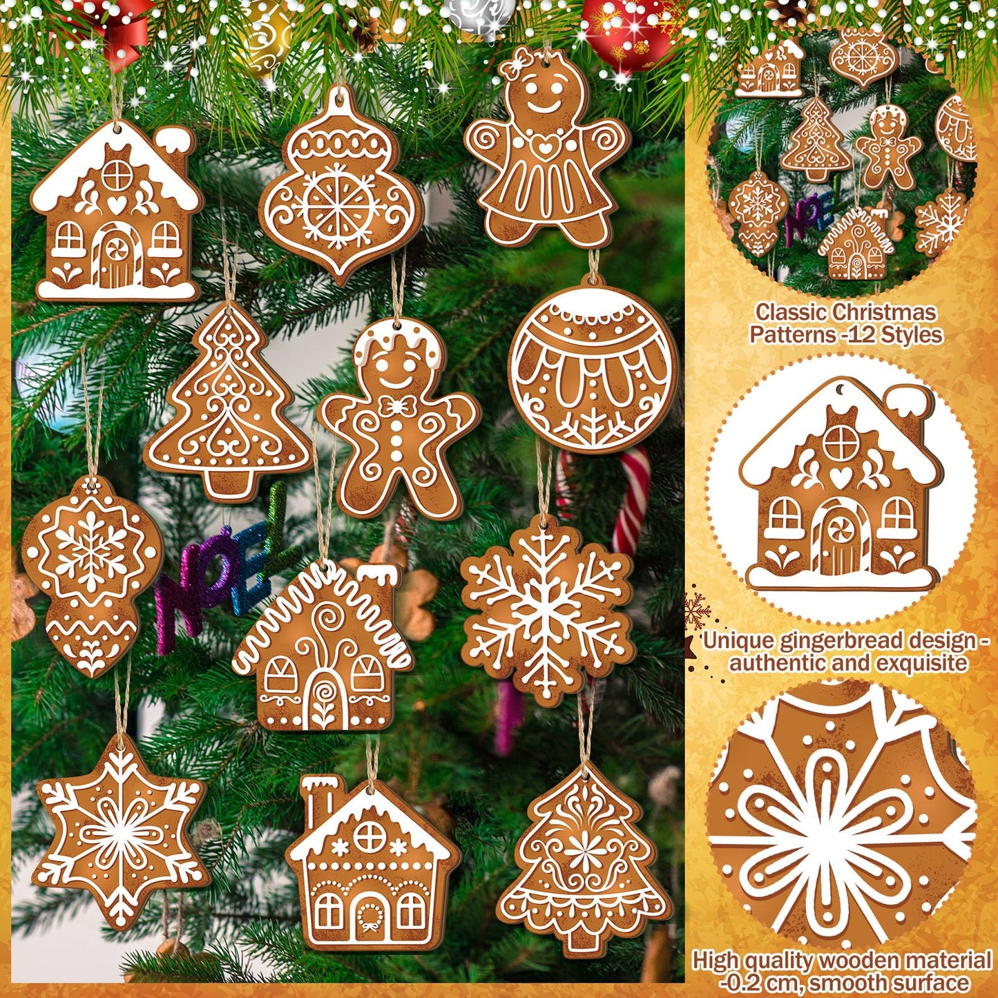 Quzzil 36 Pcs Christmas Gingerbread Ornaments for Tree Mini Snowflake Wooden Hanging Winter Xmas Ornaments with Ropes for Christmas Party Holiday Winter Crafts(Brown,36 Pcs,Gingerbread)