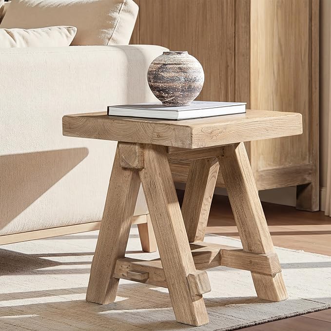 Hawthorne 18" Square Reclaimed Elm Trestle Side Table Heritage Light Natural