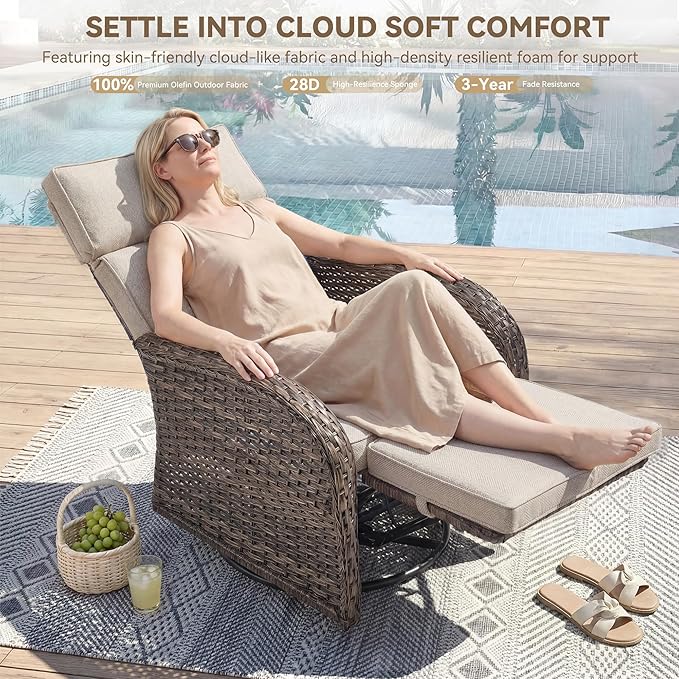 3 Pieces Zero Gravity Patio Swivel Rocking Recliner Chairs Set of 2 - Wicker Outdoor Lounge Chair with Side Table, Adjustable Backrest & Footrest, High Back Outdoor Recliner Chair for Pool Deck Beige