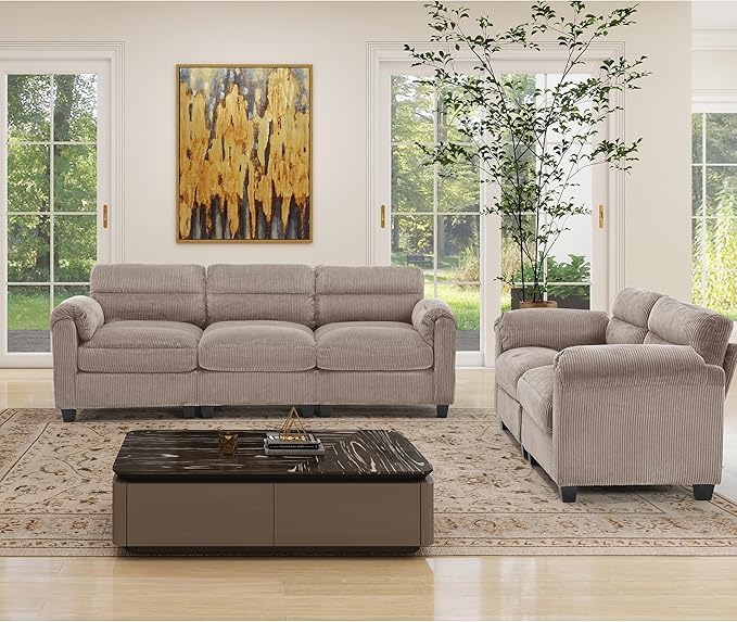 HAOMARKETS Corduroy Sofa Set, Upholstered Loveseat, and 3-Seater Couch