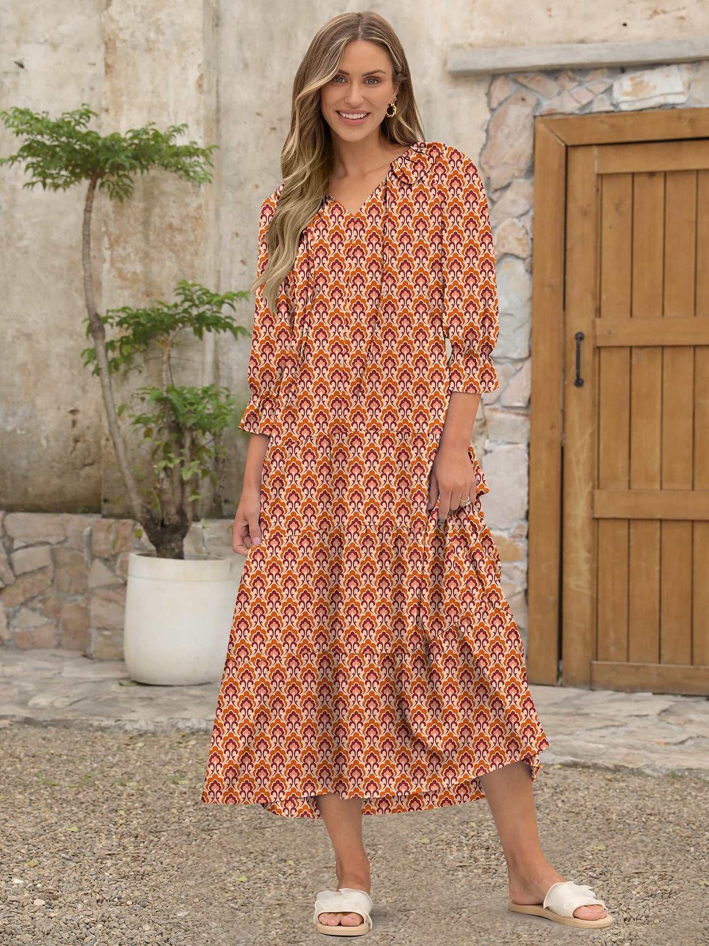 ANRABESS Women's Boho Maxi Dresses 2025 Summer Casual V Neck Puff Sleeve Floral Tiered Flowy Swing Beach Vacation Long Dress