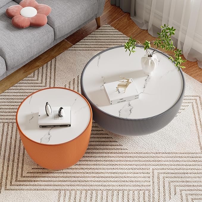 Round Marble Coffee Table Set of 2, 2 Piece White Coffee Table and End Table