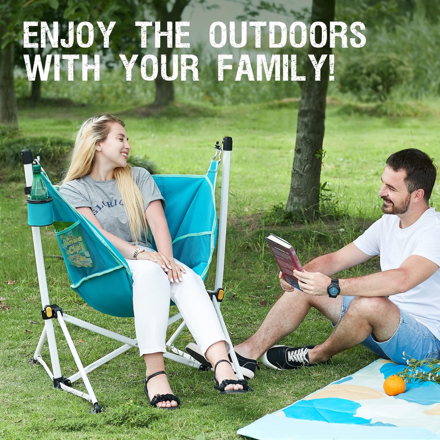 PORTAL Hammock Camping Chair Folding Rocking Chair Portable Swinging with Cup Holder for Outdoor Lawn Backyard Patio Car Camp Sports Concerts,Support 350 lbs Blue