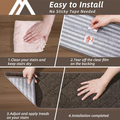 COSY HOMEER Edging Stair Treads Non-Slip Carpet Mat 28inX9in Indoor Stair Runners for Wooden Steps, Edging Stair Rugs for Kids and Dogs, 100% Polyester TPE Backing (15pc, Brown)