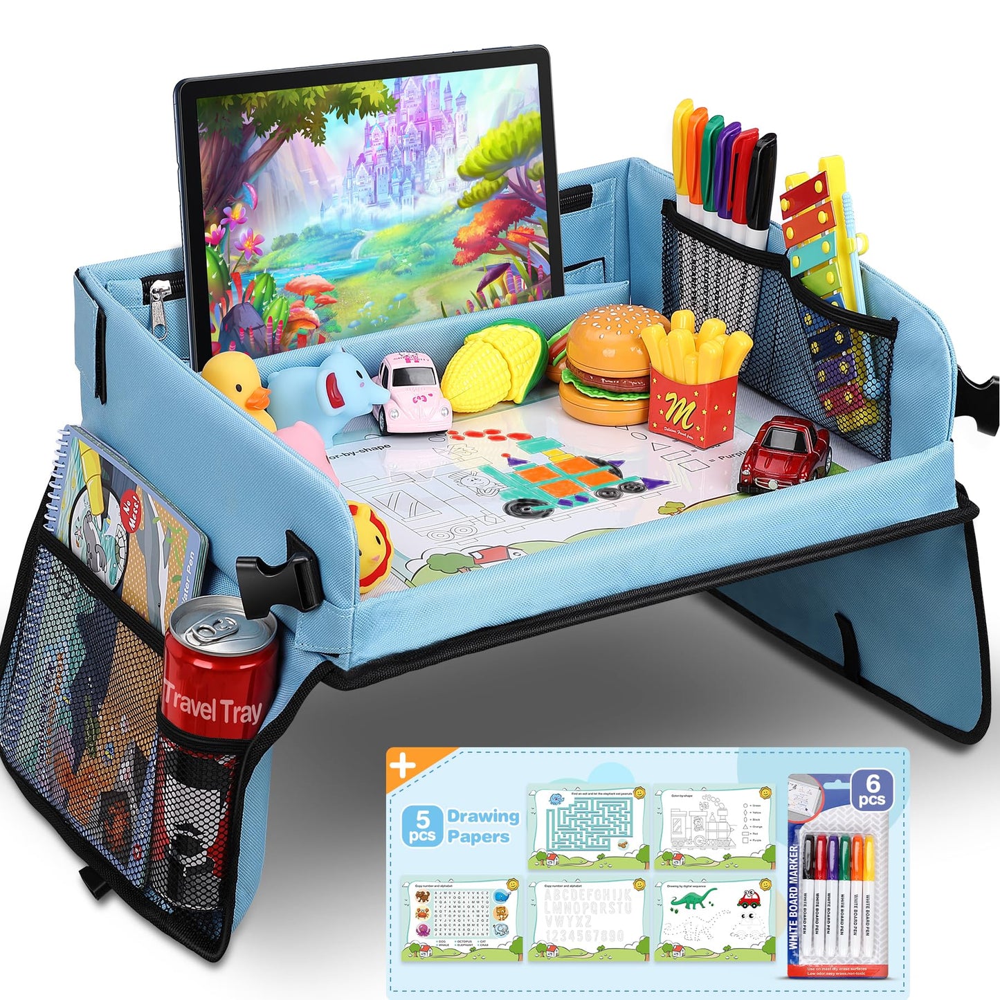 COOLJOY Travel Tray Kids Travel Tray,Kids Travel Essentials,Travel Toys-Play Tray with Transparent Erasable Surface,Lots of Storage Space,Multifunctional Activity Tray,Lap Tray for Kids Boys Girls 3+