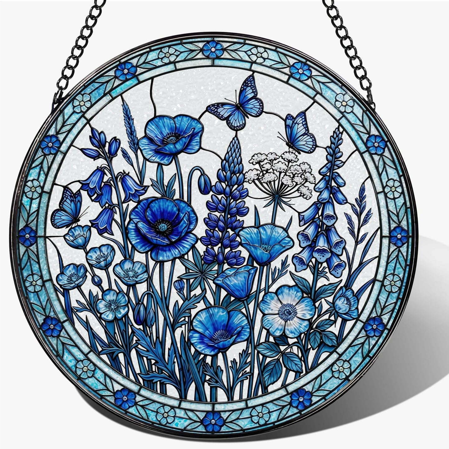Stained Glass Window Hanging, 7.8 Inch Blue Floral Stained Glass Sun Catcher, Suncatchers for Windows, Window Hanging Ornaments, Spring Gift for Mom, Garden Lover Gift, Mother's Day & Birthday Gift