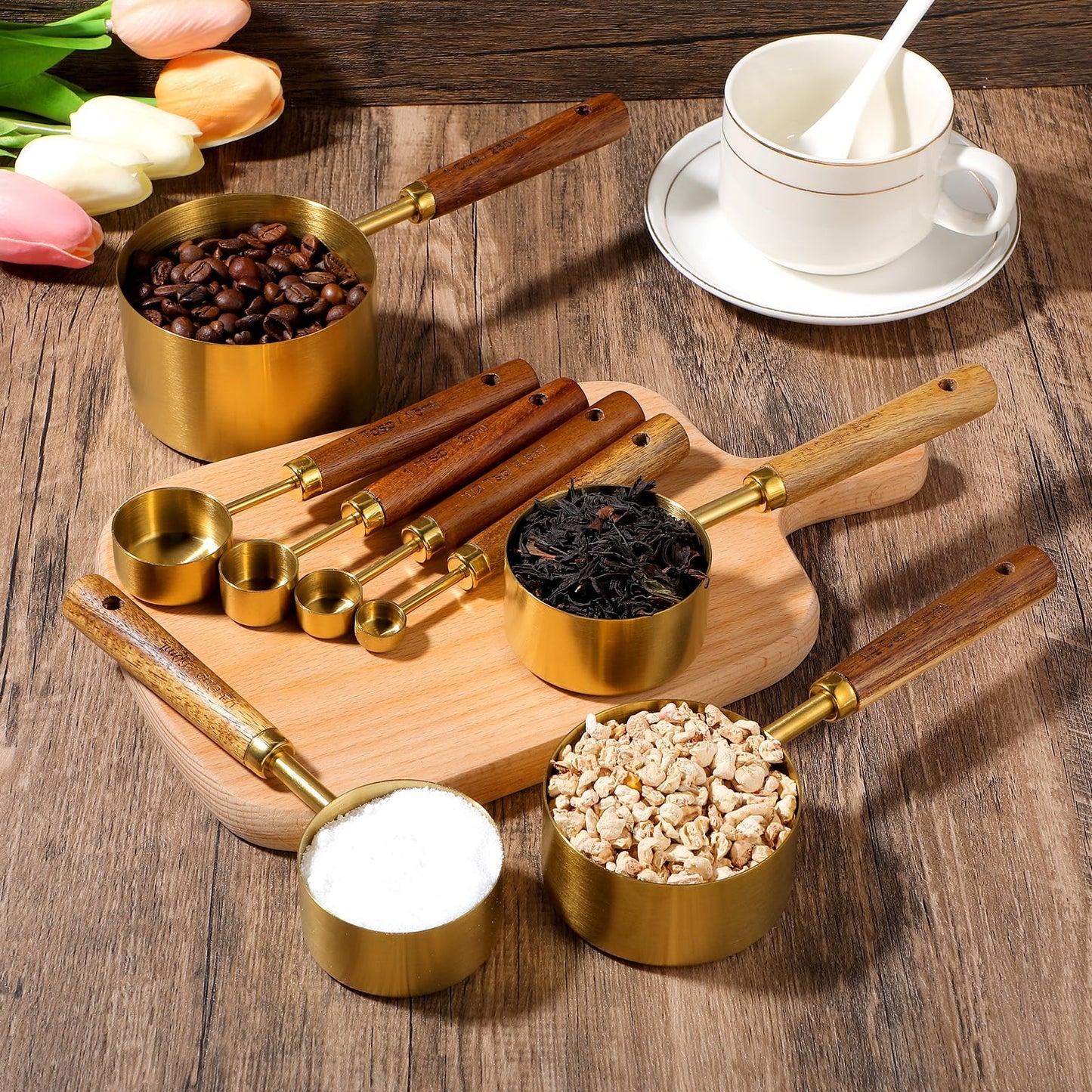 8 Piece Premium Stainless Steel Measuring Cups with Wood Handles, Gold Measuring Cups and Spoons Set,4 Stackable Wooden Measuring Cups and 4 Measuring Spoons Set for Baking Supplies in the Kitchen