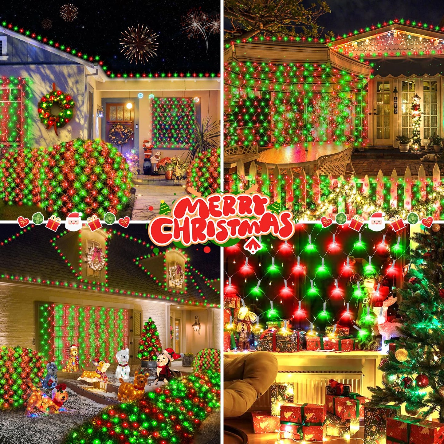 Hezbjiti Christmas Net Lights Outdoor 200 LED 6.9FT x 5.4FT Clear Wire with 8 Modes, Connectable Plug in Waterproof, Timer Memory Function for Xmas Tree Bushes Porch Lawn Windows Decor（Red Green）