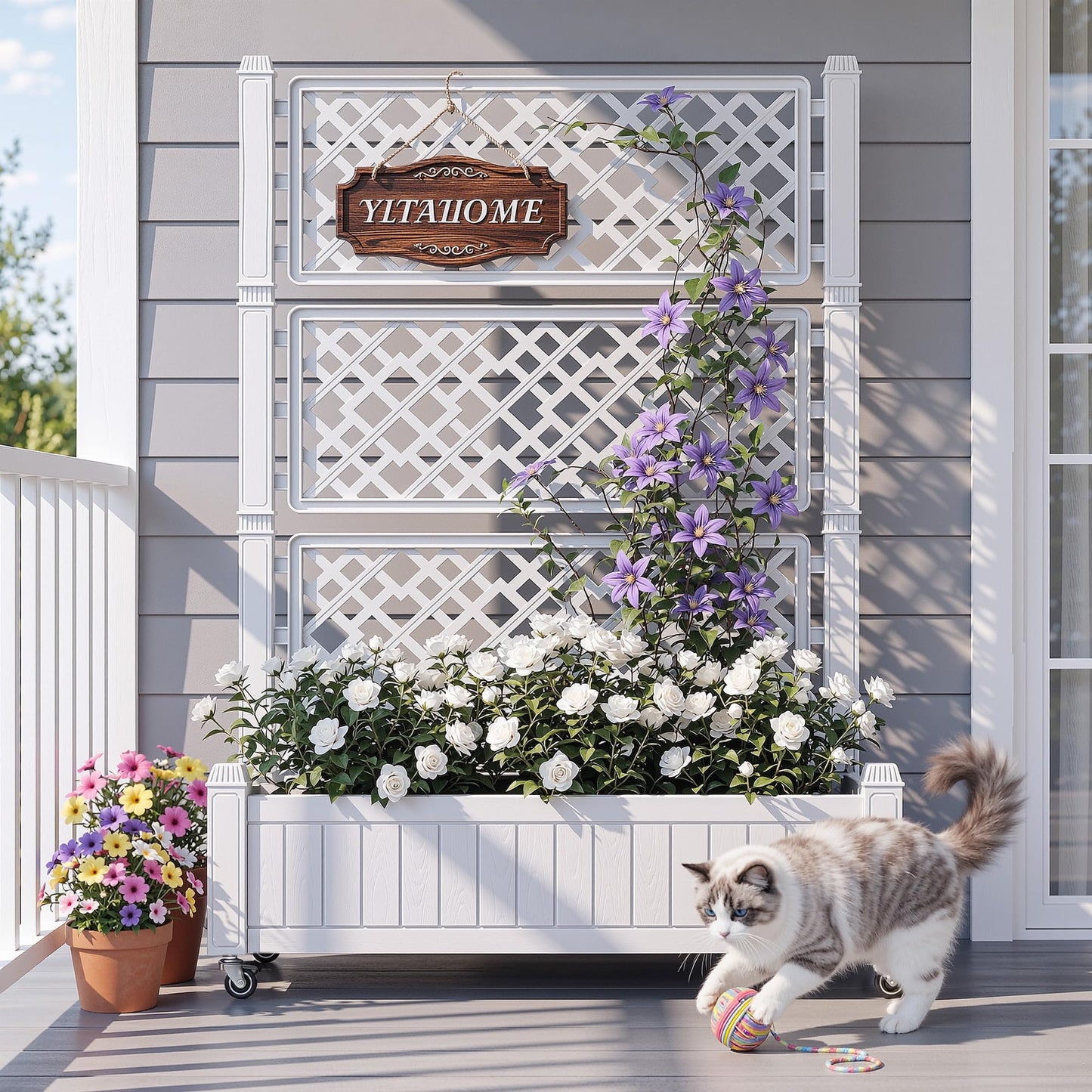 YITAHOME 42.5x14.2x61 in Planter Box with Trellis/Outdoor Privacy Screen, All-Weather Raised Garden Bed with Wheels & Drain Plug for Climbing Plants Flowers Herbs, White