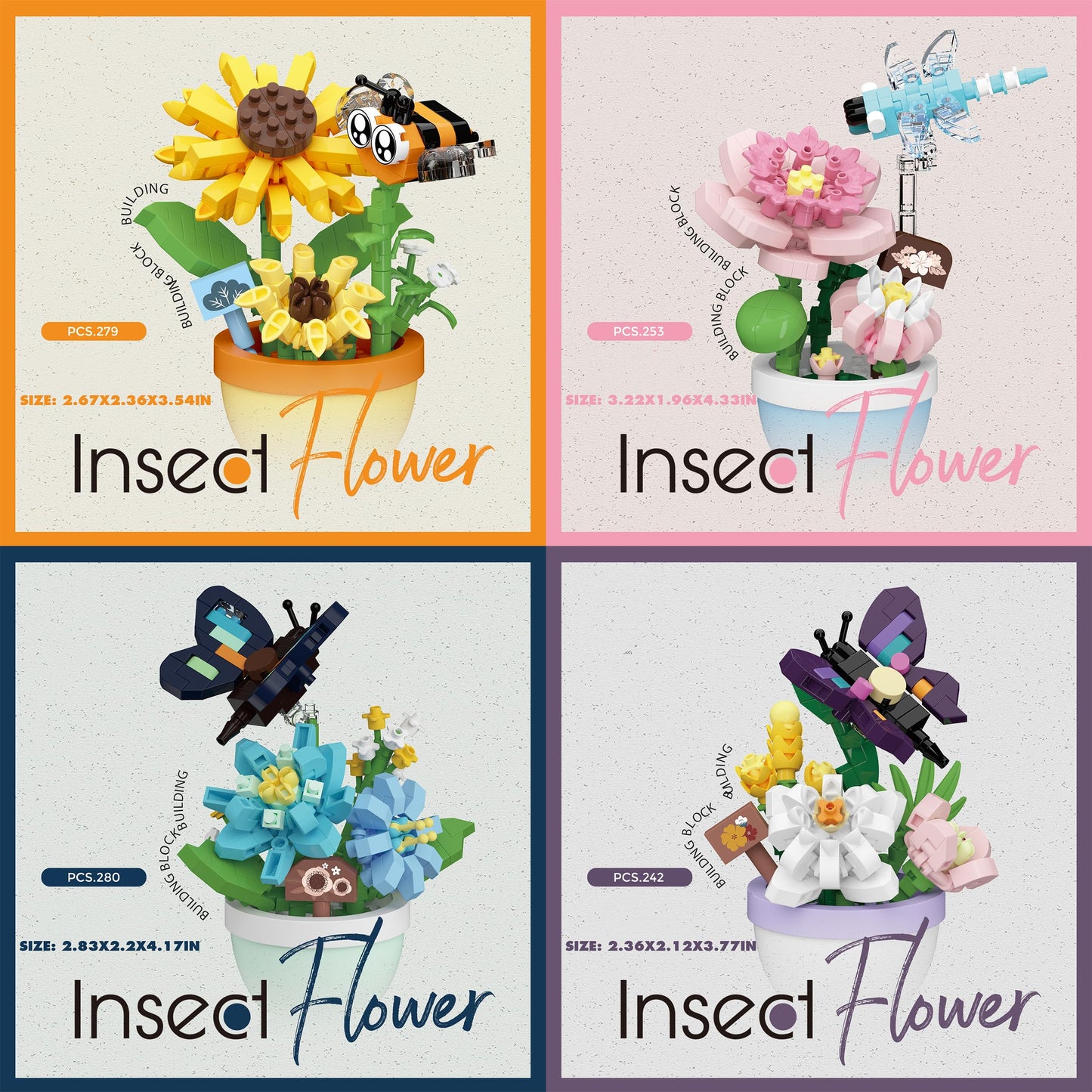 Sacblirr Set of 4 Mini Flower Bonsai with Cute Insects - DIY Potted Plant Building Blocks for Kids and Adults, Botanical Collection Decor Toy