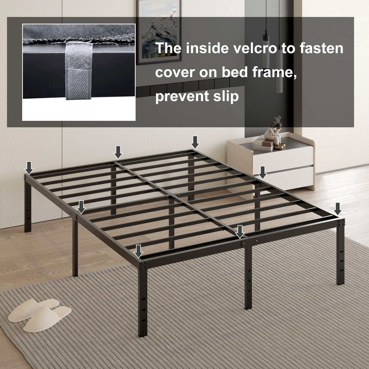 Cieemine 18 Inch Full Size Bed Frame with Black Bed Cover, Metal Bed Frame Full Size No Box Spring Needed, Heavy Duty Mattress Foundation, Easy Assembly, Noise Free