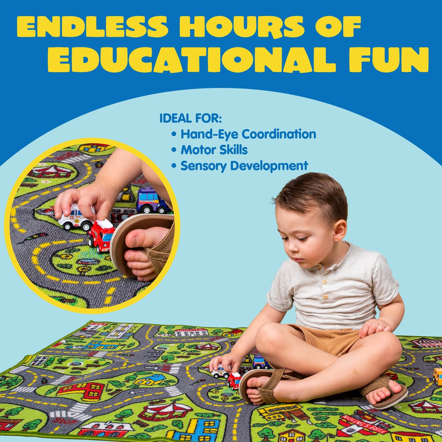 JOYIN Kids Toy Rug Gift Set-City Playmat with Road Tracks & 12 Vehicles,Educational Carpet for Boys Girls,City Pretend Play,Durable Playroom Toy Mat for Kids,148x80cm