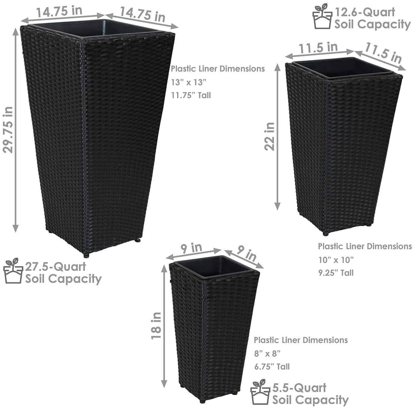 Sunnydaze Square Tall Wicker Outdoor Planter Set of 3 - Polyrattan Large Outdoor Planters for Porch, Patio or Garden - 9", 11.5", 14.75" Tall Plant Pots - Black