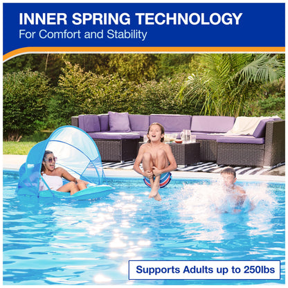 SwimWays Spring Float Premium Recliner Pool Lounge Chair with Adjustable Canopy and Hyper-Flate Valve, Blue