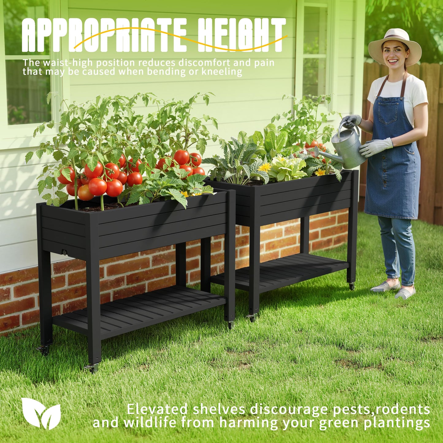 EasyUp 21 Gallon Raised Garden Bed with Legs and Wheels, Raised Planter Box with Drainage Plug and Gauge, Lower Shelf for Tools and Accessories, Dust-Proof Resin for Patio and Backyard(Black)