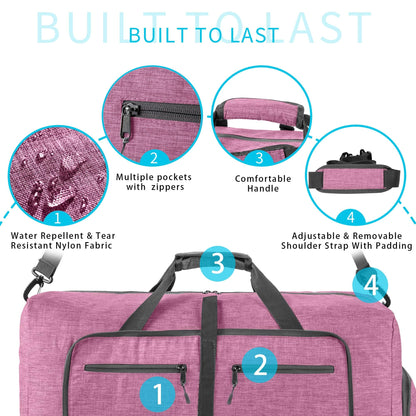Travel Duffle Bag for Men, 85L Foldable Travel Duffel Bag with Shoes Compartment Overnight Bag for Men Women Waterproof & Tear Resistant (Light Purple)