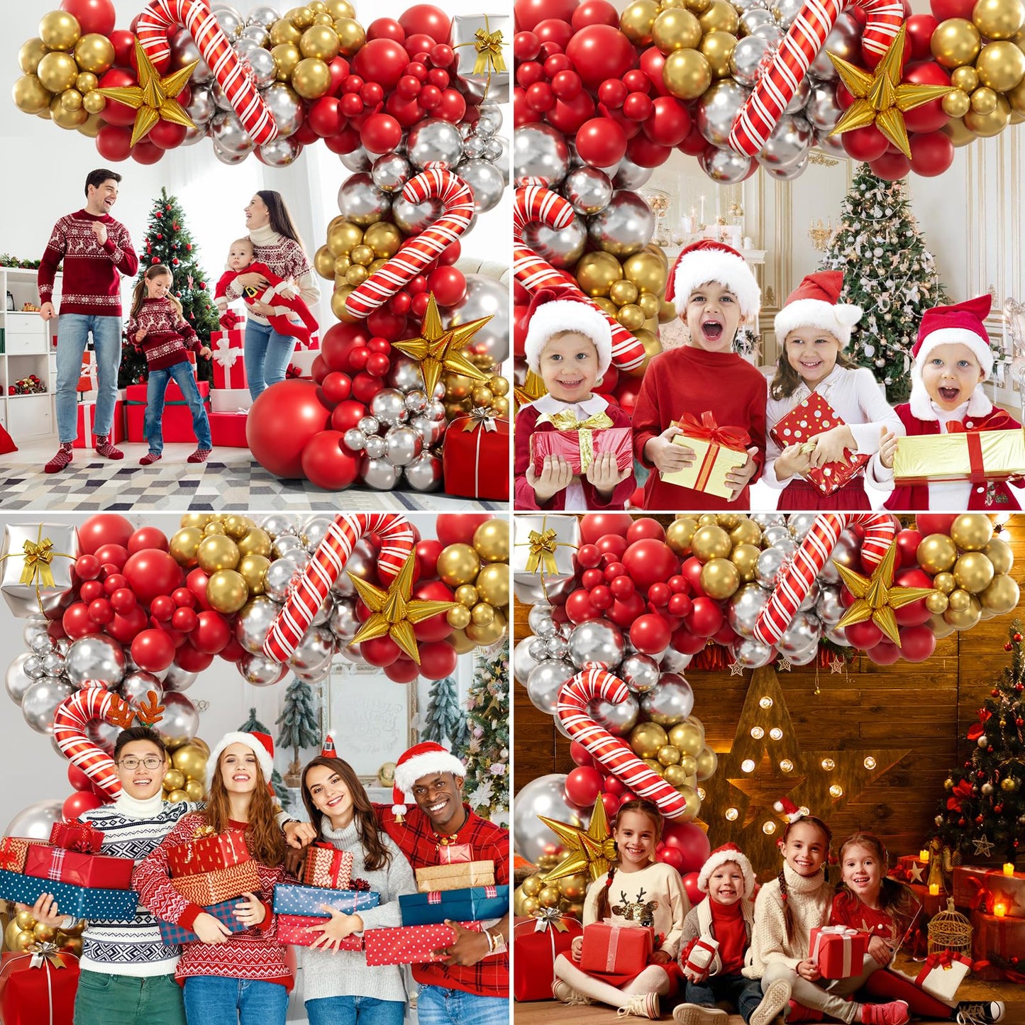 Bonropin Christmas Balloon Garland Arch Kit - Xmas Red Gold Silver Candy Cane Balloons Gift Box Starburst Balloons for New Year Winter Christmas Party Decorations