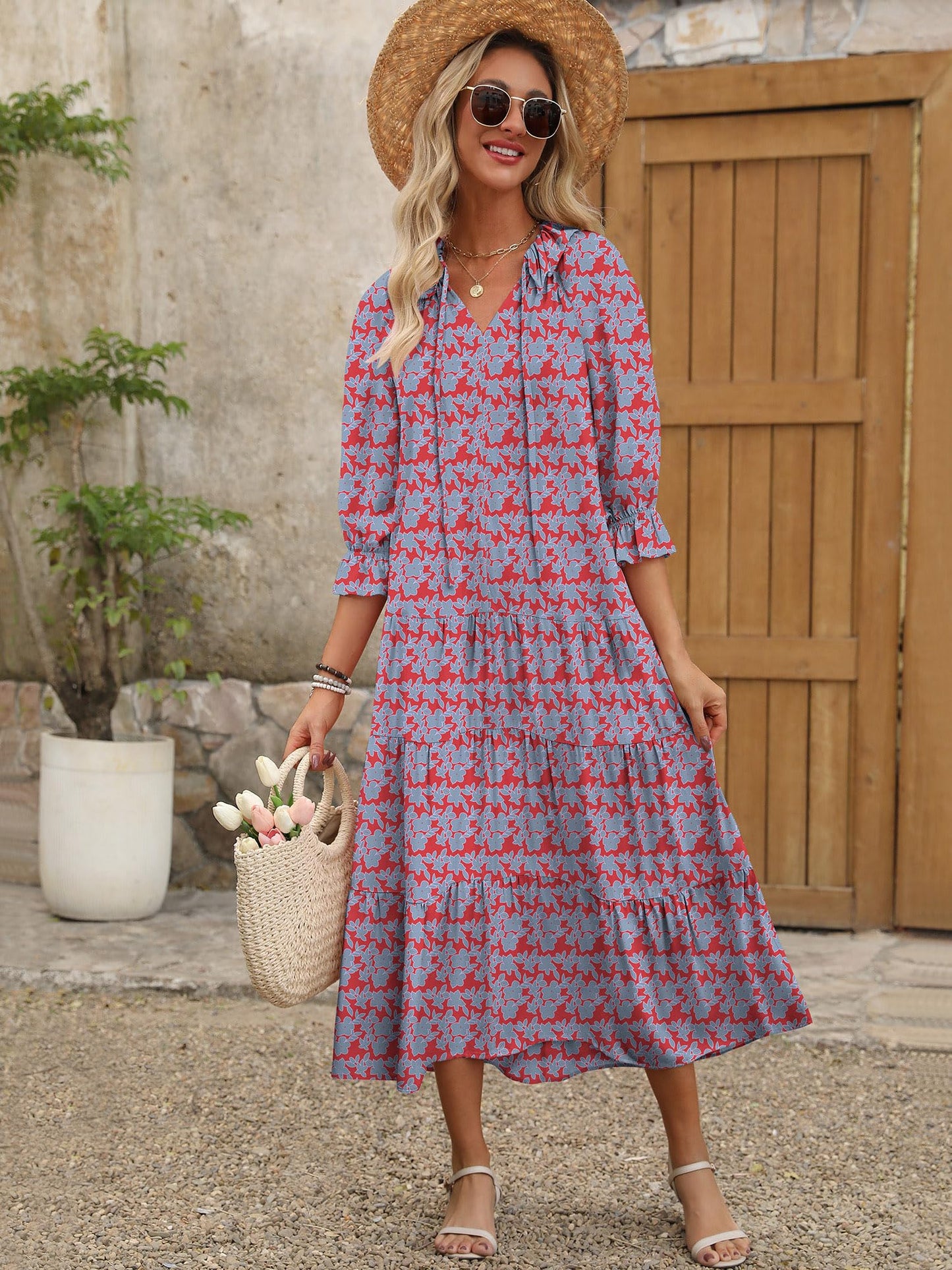 ANRABESS Women's Boho Maxi Dresses 2025 Summer Casual V Neck Puff Sleeve Floral Tiered Flowy Swing Beach Vacation Long Dress