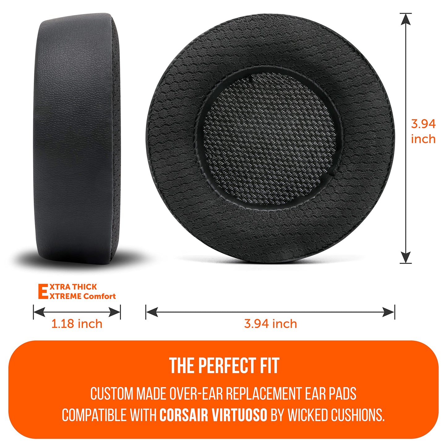 WC Freeze Virtuoso - Hybrid Fabric Cooling Gel Replacement Earpads for Corsair Virtuoso Gaming Headset, Made by Wicked Cushions, Improved Durability, Thickness and Sound Isolation | Black