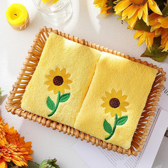 2 Pcs Sunflowers Hand Towels Bright Yellow Bathroom Decor 14x29 Inch