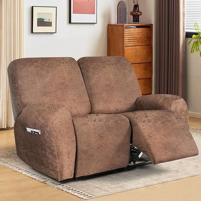 ANARACHON Leather Look Loveseat Recliner Cover, 6-Pieces Stretch Dual Recliner