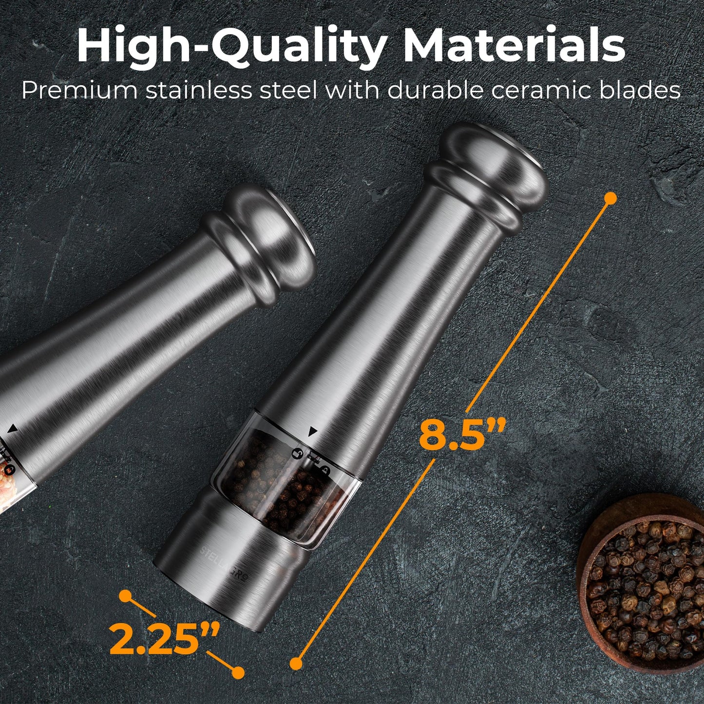 Electric Salt and Pepper Grinder Set, Battery Operated Grinders with Adjustable Coarseness, LED Light, One-Hand Operation, Refillable Stainless Steel Mills