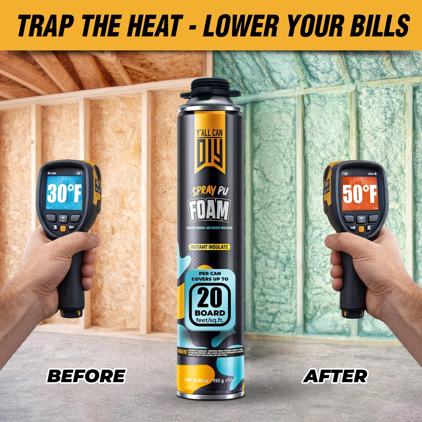 Spray Foam Insulation Kit for Walls & Attic -18 Pack Foam Insulation Spray - 360 Board ft/sq.ft. Heat & Sound Control, Energy Saving, Seal Gaps & Cracks Complete Kit (18x32.8 oz)