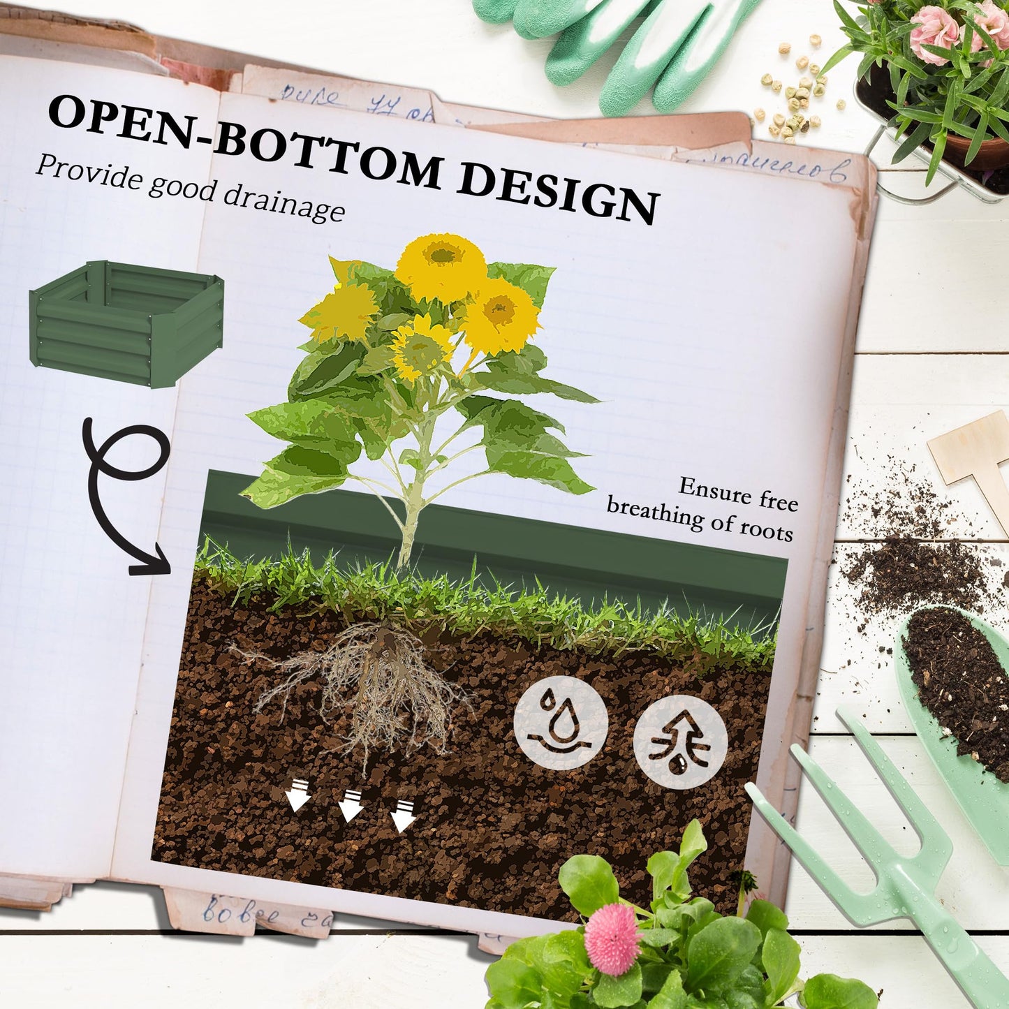 Outsunny Galvanized Raised Garden Bed, 55" Tall Outdoor Planter Box with Trellis Tomato Cage and Open Bottom for Climbing Vines, Vegetables, Flowers in Backyard, Garden, Patio, Green