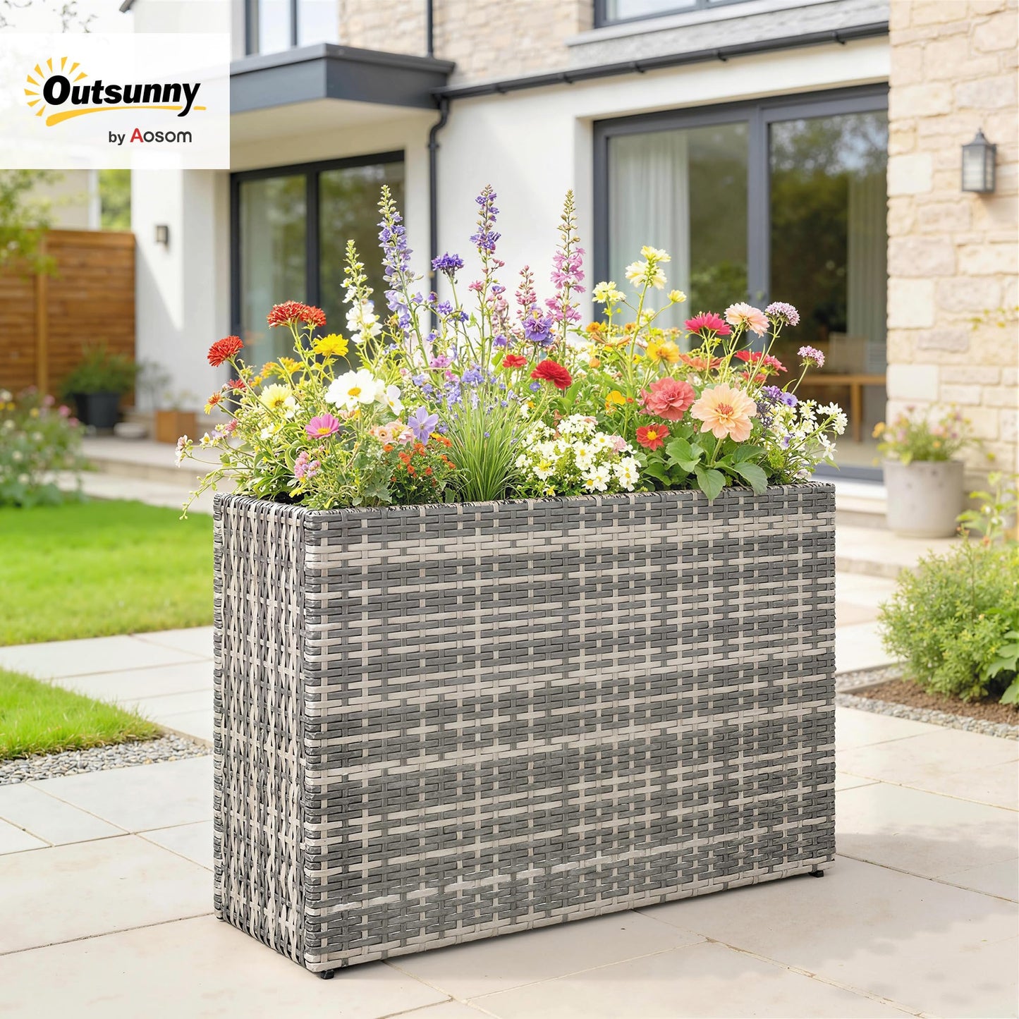 Outsunny Tall Rectangular Planter with Removable Liner, PE Wicker Large Planters for Outdoor Plants, Freestanding Indoor Outdoor Planter Box with Drainage Holes for Flowers, Vegetables, Gray
