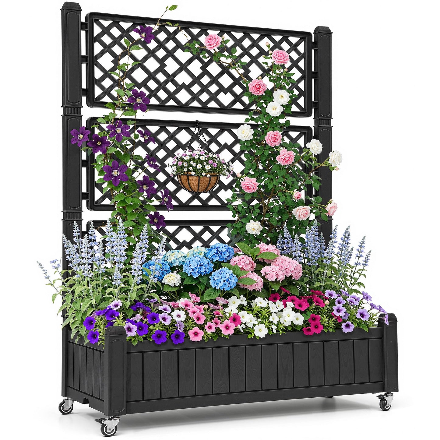 YITAHOME 42.5x14.2x61 in Planter Box with Trellis/Outdoor Privacy Screen, All-Weather Raised Garden Bed with Wheels & Drain Plug for Climbing Plants Flowers Herbs, Black