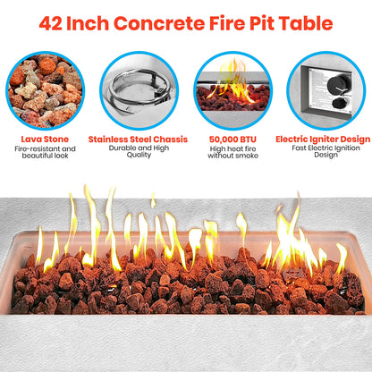SereneLife Concrete Outdoor Propane Fire Pit Table, 50,000 BTU Square Gas Fire Table with Adjustable Flame, Lava Rocks, Weather-Resistant Design, and Protective Cover for Patio, Deck, or Backyard