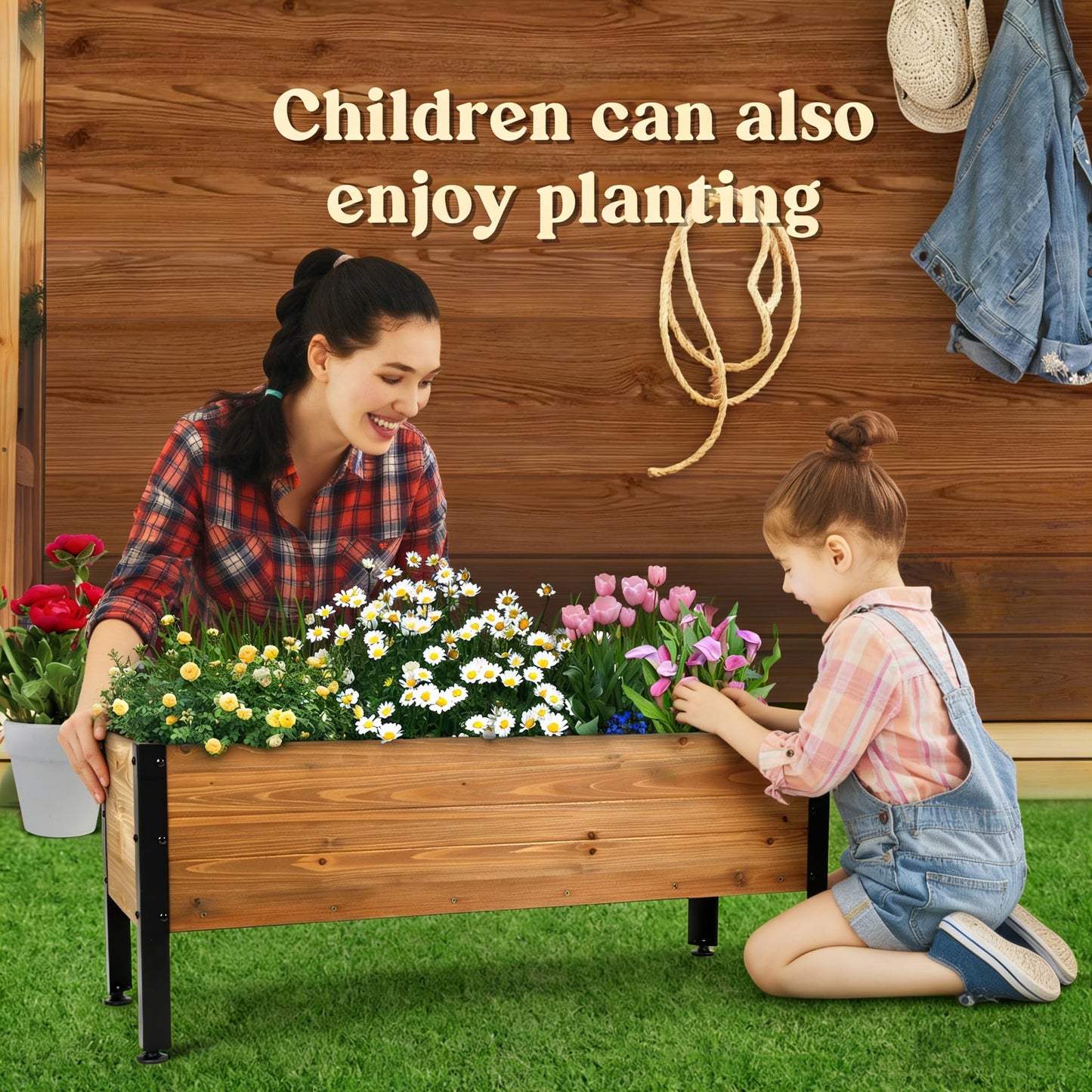 Borsynium Wooden Rectangular Flower Box with Short Iron Legs, Planting Bed for Flowers and Vegetables, Suitable for Garden and Balcony. Dimensions: 31.5×13.9×12.5 inches