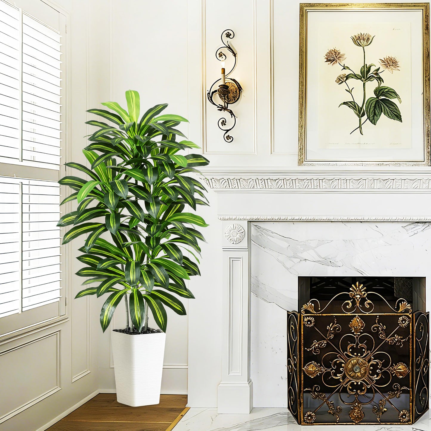 Artificial Dracaena Tree - 5FT Tall Fake Plants with White Tall Planter - Artificial Plants Indoor Floor Plant in Pot - Large Tropical Fake Yucca Potted Tree for Home Office Living Room Decor