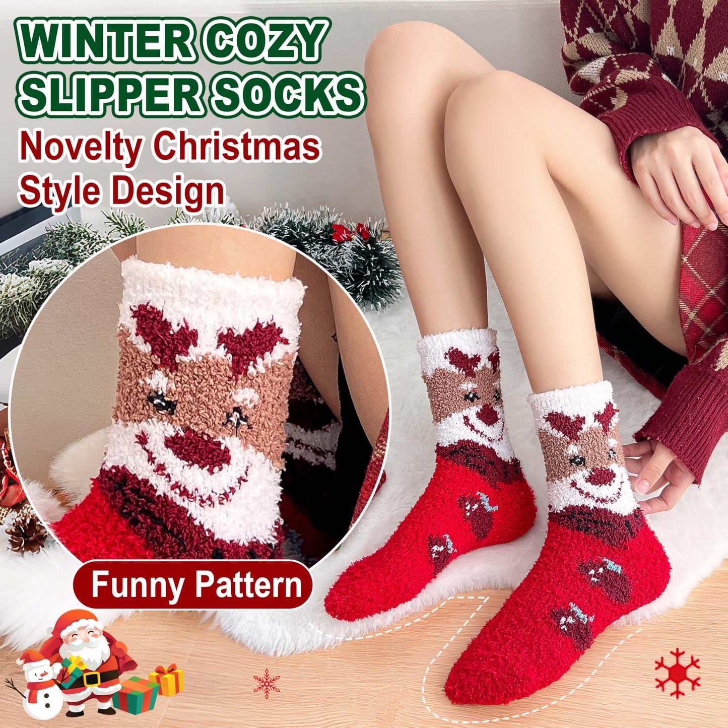 Sandsuced Fuzzy Christmas Socks for Women Fluffy Cozy Winter Warm Cute Fun Plush Comfy Fleece Sleep Christmas Gifts Cabin Socks Stocking Stuffers for Womens Mom 5 Pairs(Christmas Deer,M)