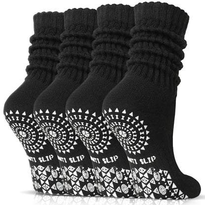 Sandsuced Pilates Grip Slouchy Yoga Socks Winter Warm Cozy Scrunch Boot Grippy Crew Slipper Socks 4 Pairs for Women Gift Stocking Stuffers(Black,M)