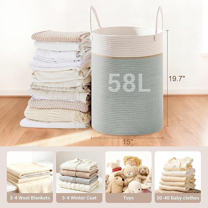 Tall Laundry Basket with Handles, 58L Portable Dirty Clothes Hamper, Boho