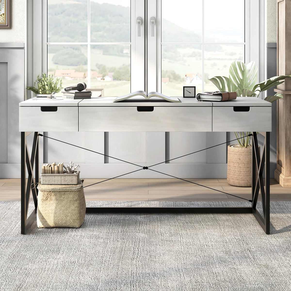 24/7 Shop at Home Ashiya Transitional 2 Drawers Metal Hidden Storage Desk with Lift-Top, USB Port, Power Outlet for Workstation, Home Office, Study Room, Antique White