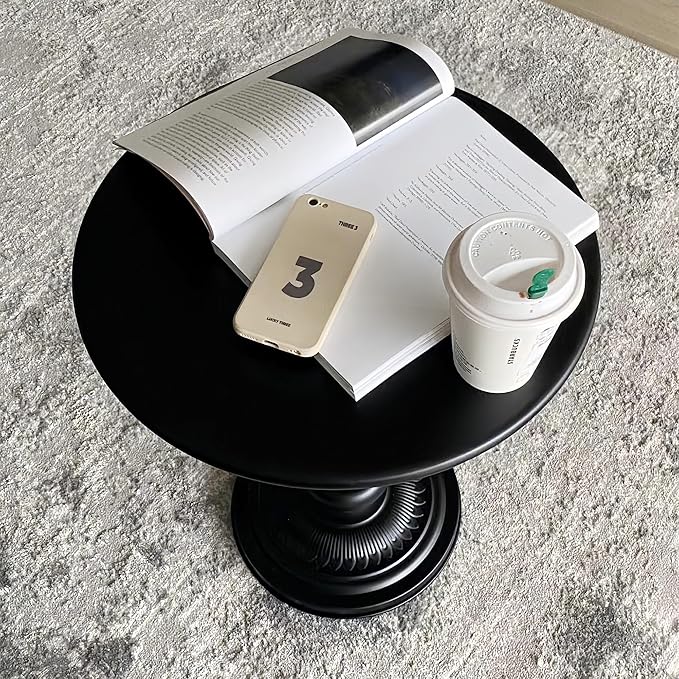 Funecy Metal Small End Table, Vintage Matte Black Round Side Table Nightstand