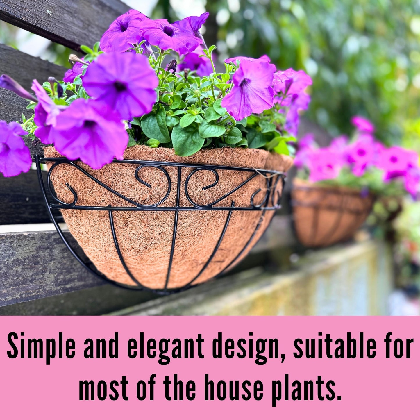 LaLaGreen Outdoor Wall Planters, 4 Pack, 14 Inch Large Balcony Planter Railings Hanging, Rail Flower Basket with Coco Liner English Horse Trough Black Metal Wire Succulent Pot Holder Deck Porch Garden