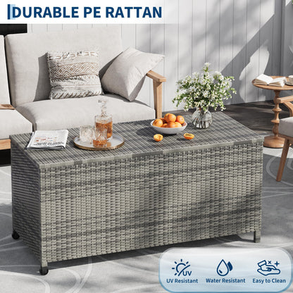125 Gallon Outdoor Deck Box with Wheels, Waterproof PE Wicker Rattan & Aluminum Frame Storage Bin for Patio Cushions, Garden Tools, Pool Toys, Lockable Patio Furniture(Gray)