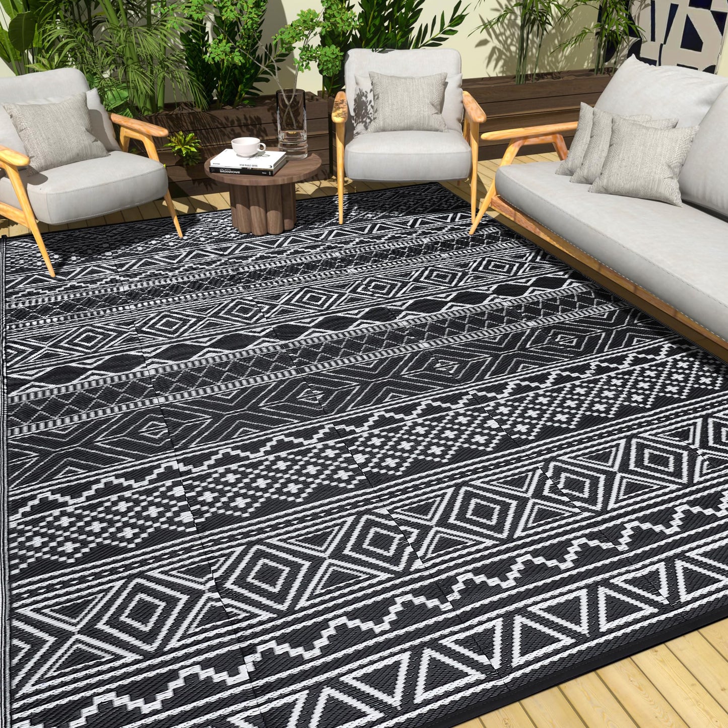 COZYLOOM Outdoor Rug 10' x 20' Waterproof for Patios Clearance, Reversible Outdoor Plastic Straw Camping Rug Carpet, Large Rugs Mats for RV, Camper, Deck, Balcony, Porch, Beach, Picnic,Black & White