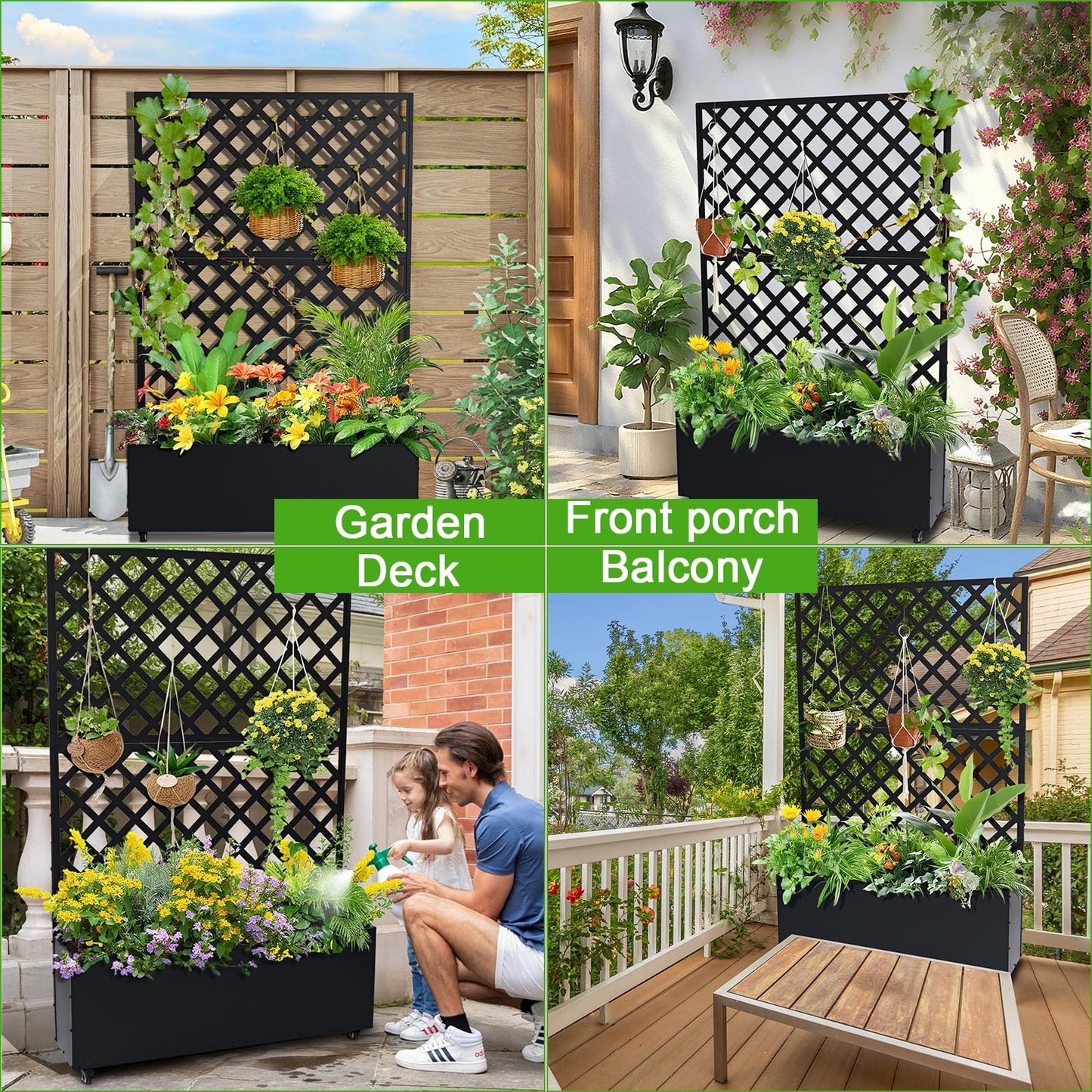 GarveeLife Metal Planter Box with Trellis, 73"x47"x12" Raised Garden Bed with Privacy Screen, Galvanized Steel Outdoor Planter Box with Drainage Holes for Climbing Plants Flowers Vegetables, Black