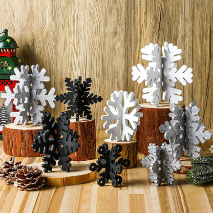 Wenqik 16 Pcs Winter Wooden Snowflake Decor Christmas Winter Snowflake Tabletop Decorations 3D Snow Table Signs Standing Centerpiece Xmas Tiered Tray Decorations for Party(White, Black, Silver)
