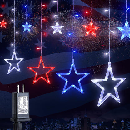MYGOTO 4th of July Patriotic Star Icicle Lights,8.2ft 126LED red White and Blue Curtain String Waterproof, 8 Modes with Timer Connectable Independence Day Decorations Window Lights for Outdoor Indoor
