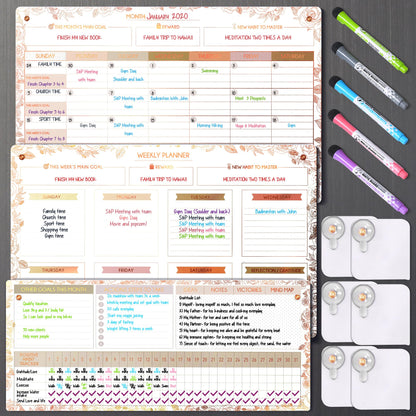 Magnetic Whiteboard for Fridge - Large Dry Erase Calendar for Wall | 3 Magnetic Dry Erase Board 10.5" x 16.5" & 7" x 16.5", Monthly Goal Setting & Habit Tracker, 5 Markers and 6 Adhesive Hooks